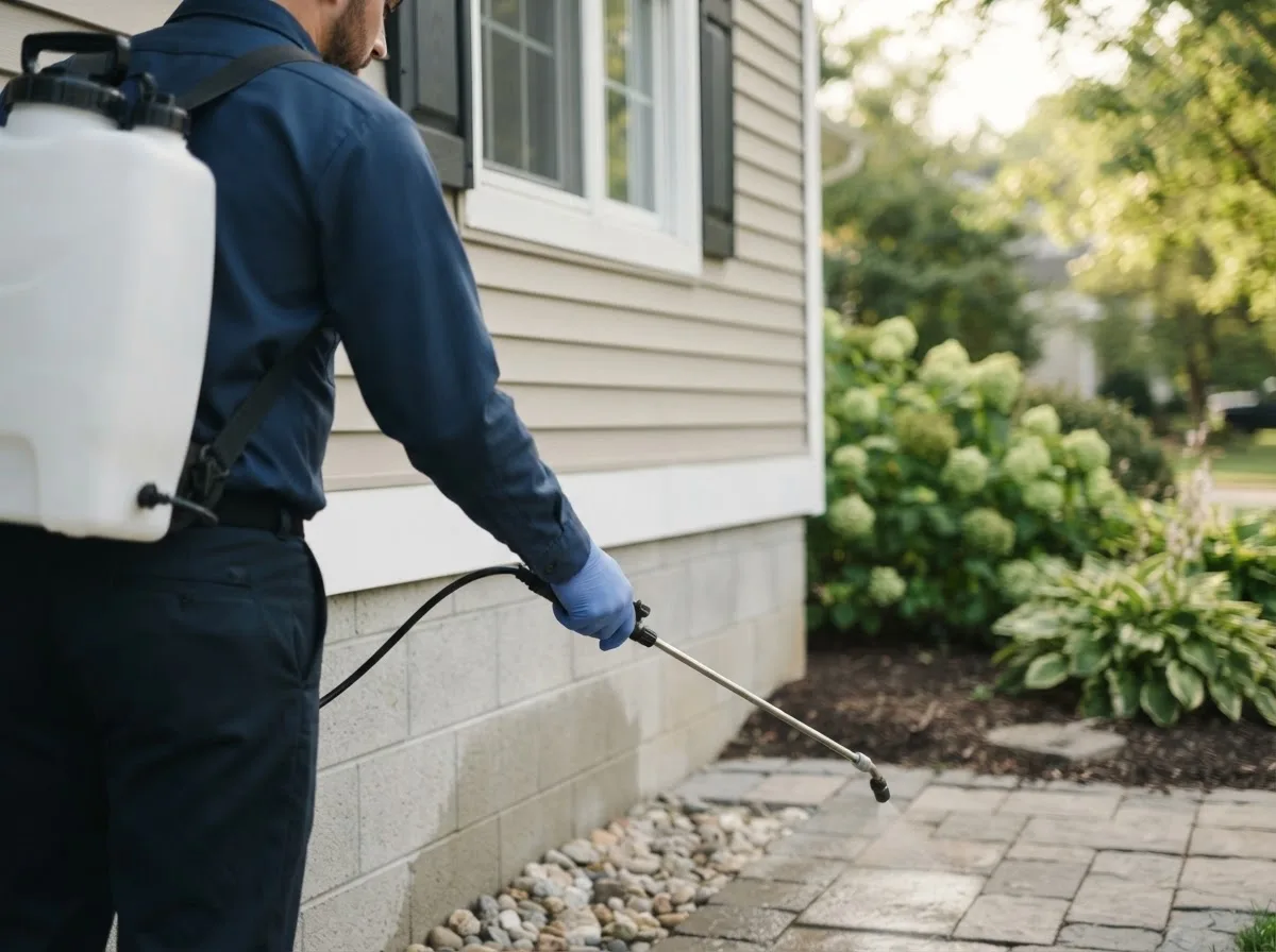 Pest control technician inspecting a home in Fredonia, TX